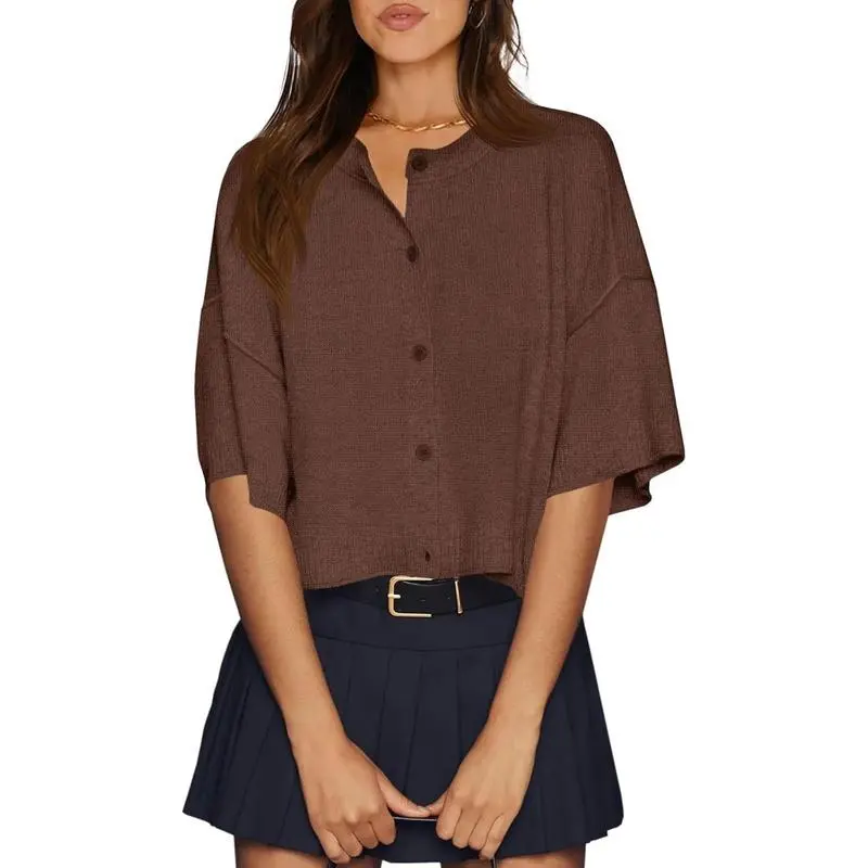 Womens Half Sleeve Cardigan Sweaters Cropped Button Down Tops Oversized Lightweight Ribbed Knit Summer Outfits