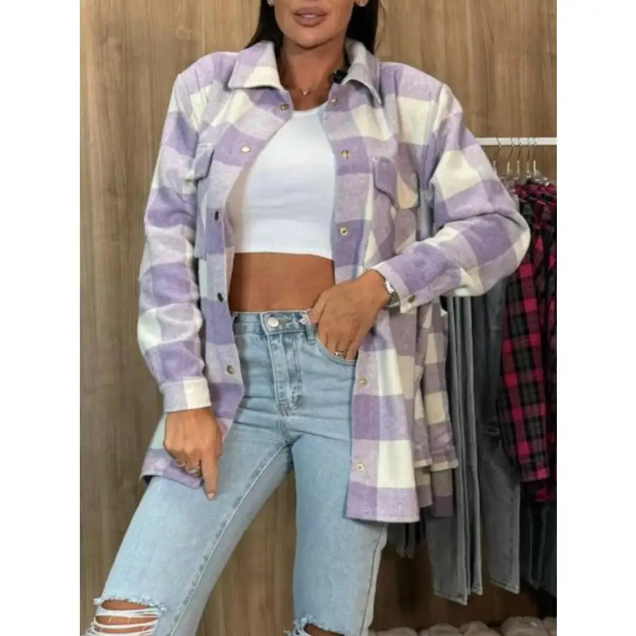 Classic Plaid Button Down Long Sleeve Shacket Jacket