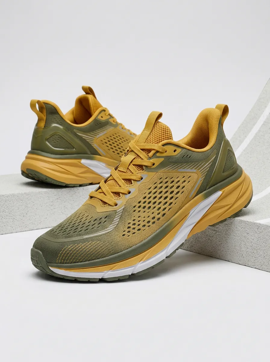 Men's Olive Yellow Mesh Breathable Printed Running Shoes