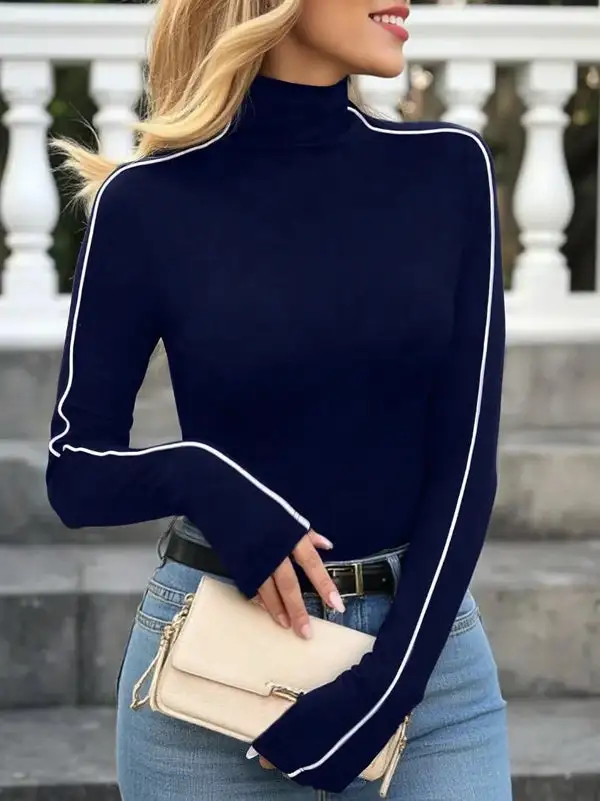 Long Sleeve Slim Fit High Neck Cotton T-Shirt