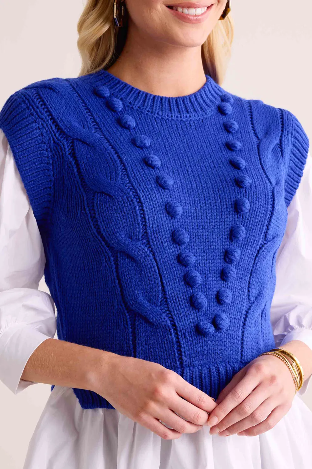 Blue Cable Knit Vest With White Top