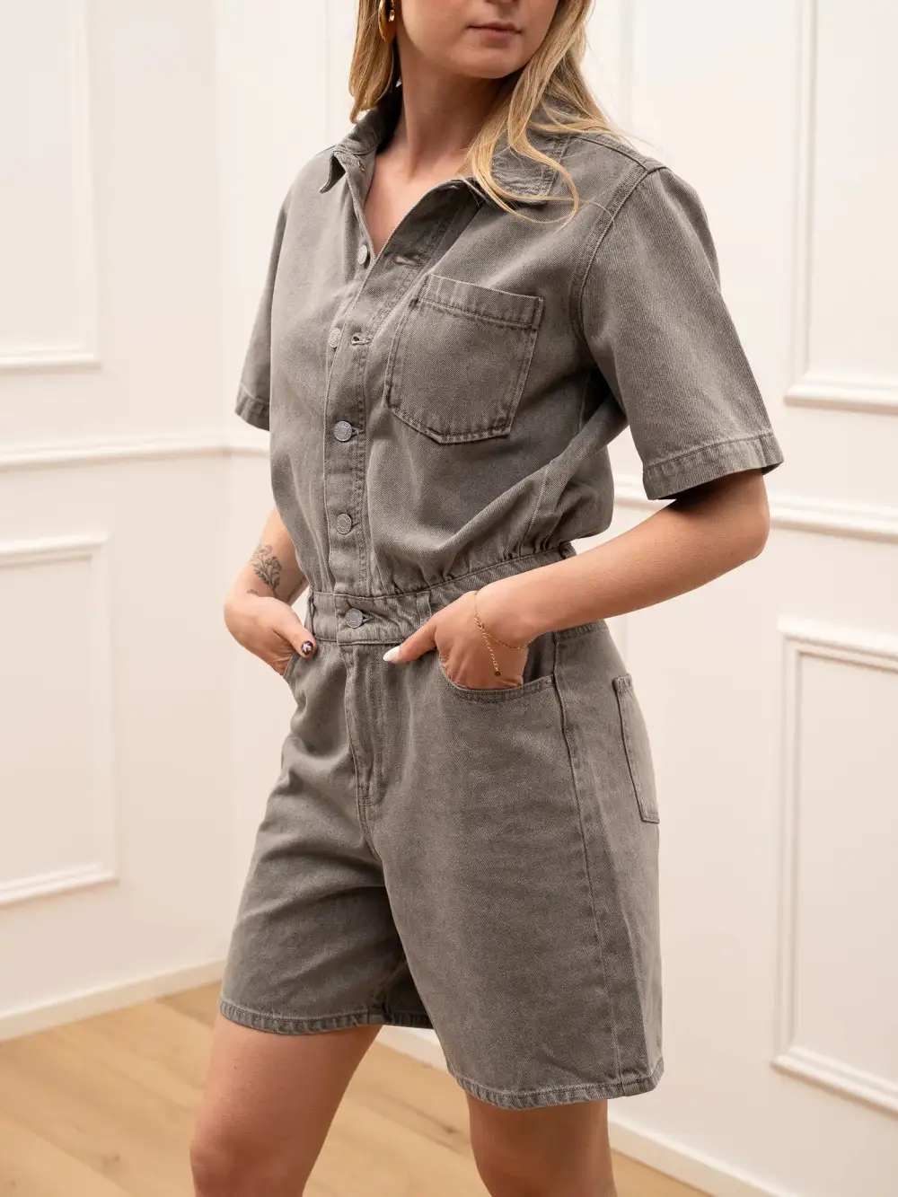 Mini Button Front Cotton Jumpsuit