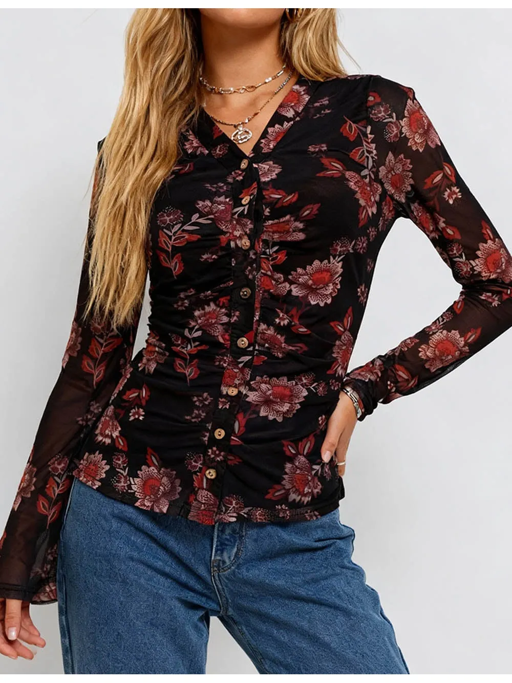 Boho Sheer V Neck Long Sleeves Blouse