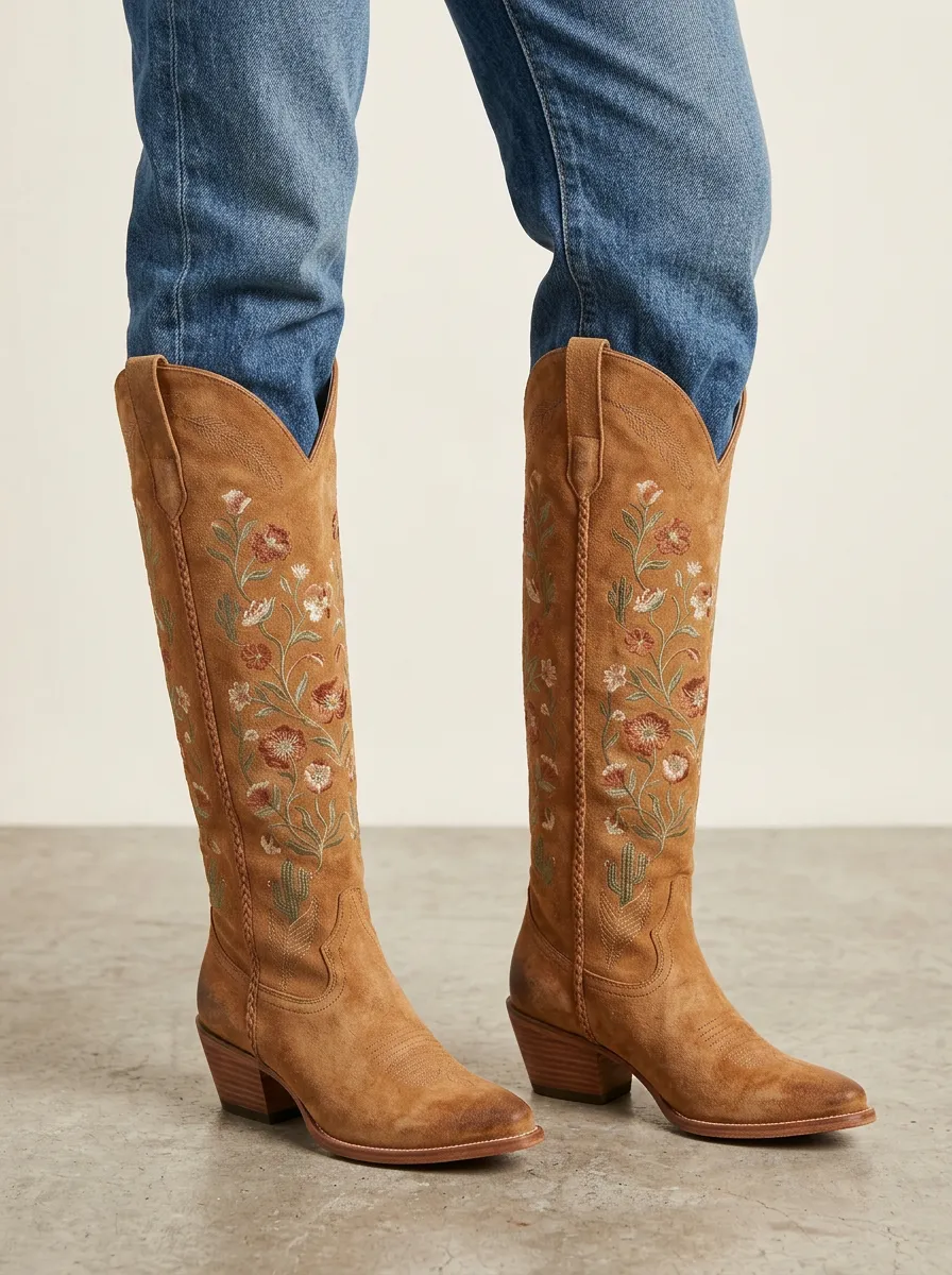 Women's Western Cactus Floral Embroidered Braided Block-Heel Denim Over-the-Knee Boots