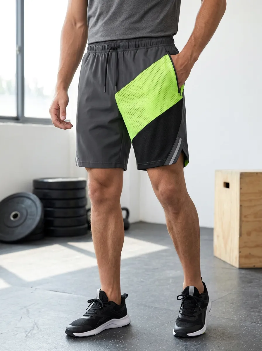 Men's Fitness Gym Neon Green Colorblock Mesh Athletic Shorts