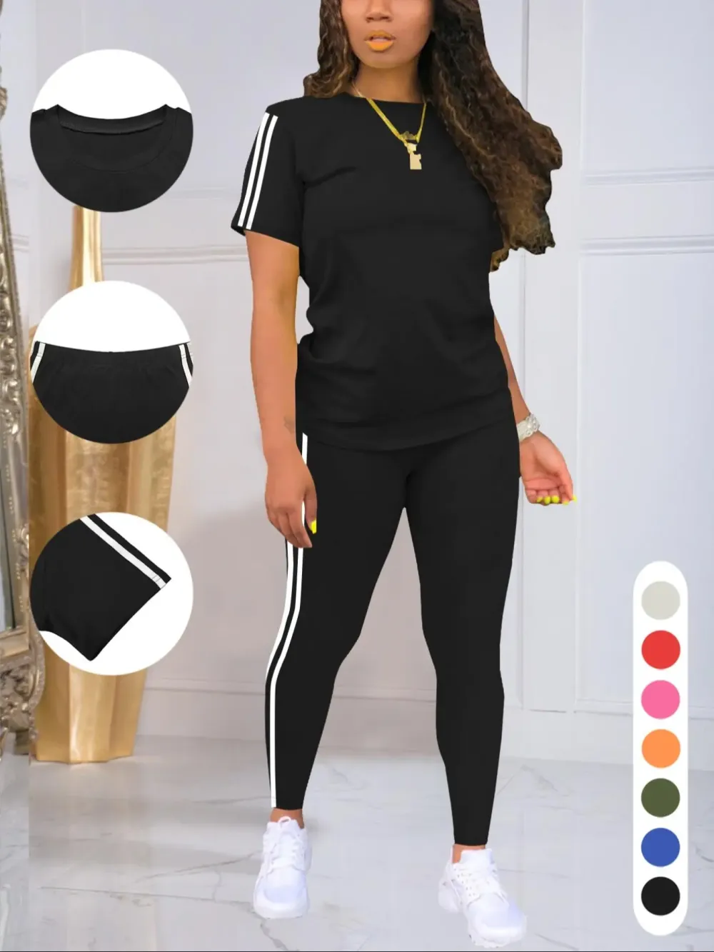 Women's Chic Side-Stripe Lounge Set – Casual Tee & Pants Two-Piece Outfit