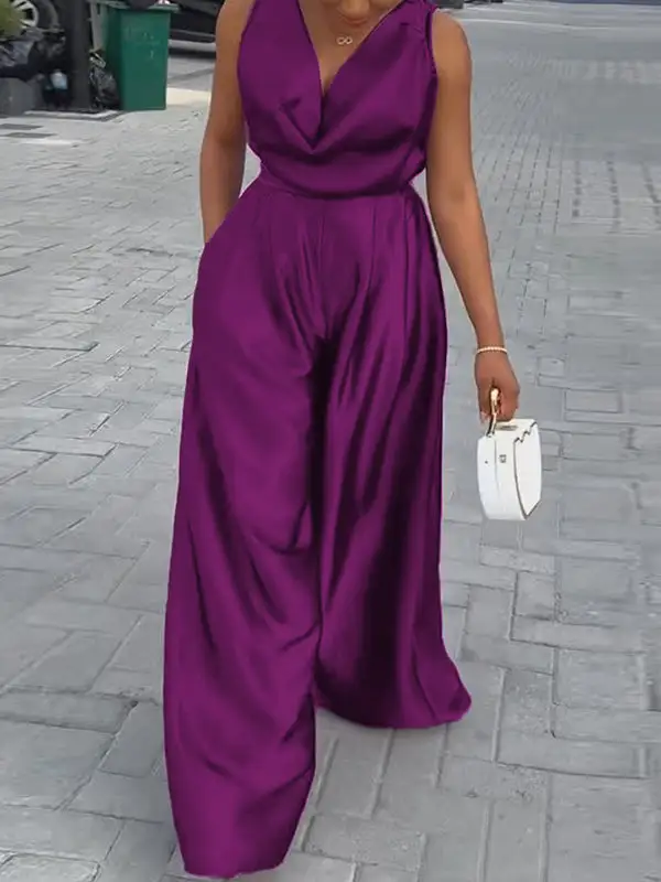 Losse Mouwloze Effen Kleur Diepe V Hals Jumpsuits