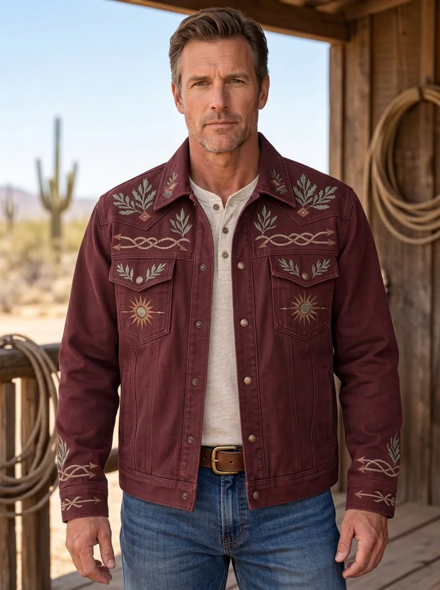 Men's Western Cowboy Sun Floral Embroidery Floral Embroidered Jacket