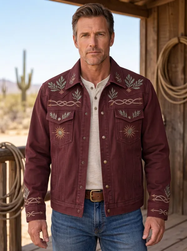 Men's Western Cowboy Sun Floral Embroidery Floral Embroidered Jacket