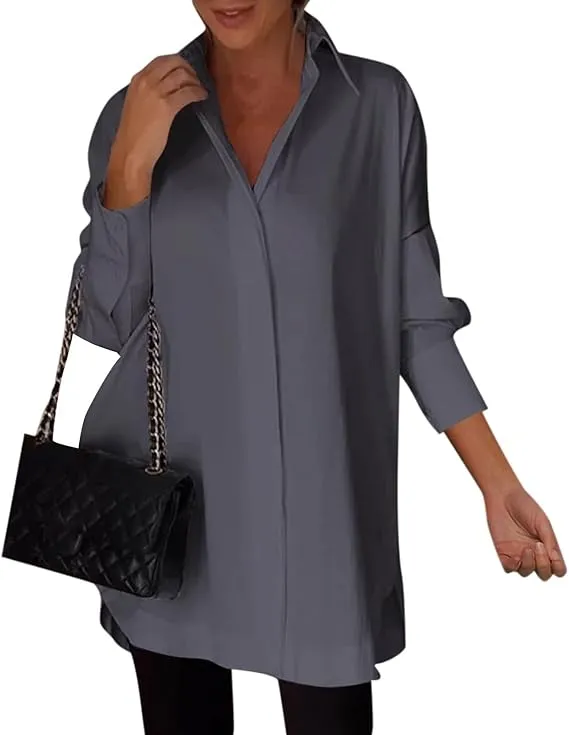 5PACK-Solid Color Irregular Side Long Sleeve Shirt