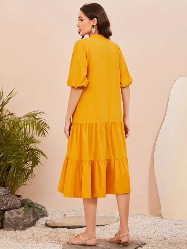Floral Embroidery Lantern Sleeve Ruffle Hem Dress