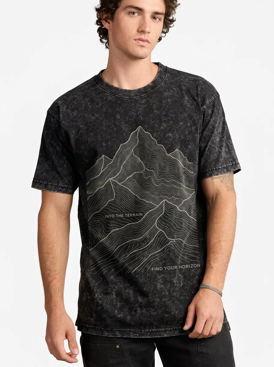 Men's Acid Wash Backcountry Trek Outdoor Adventure Mountain Topographic Graphic T-Shirt