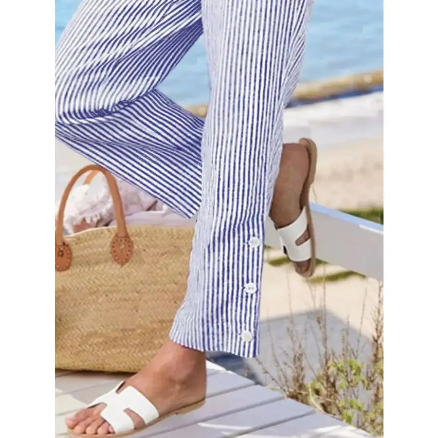 Full Size Striped Side Button Detail Pants Plus Size