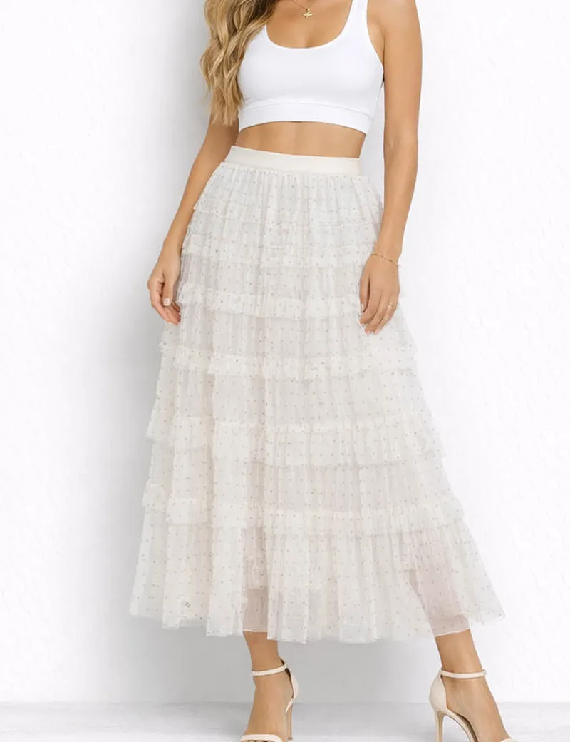 Chic Polka Dot Tiered Ruffle Elastic Waist Midi Skirt