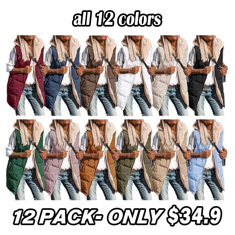 Women's military green double-faced fleece vest with pockets and a hood, long zip-up coat