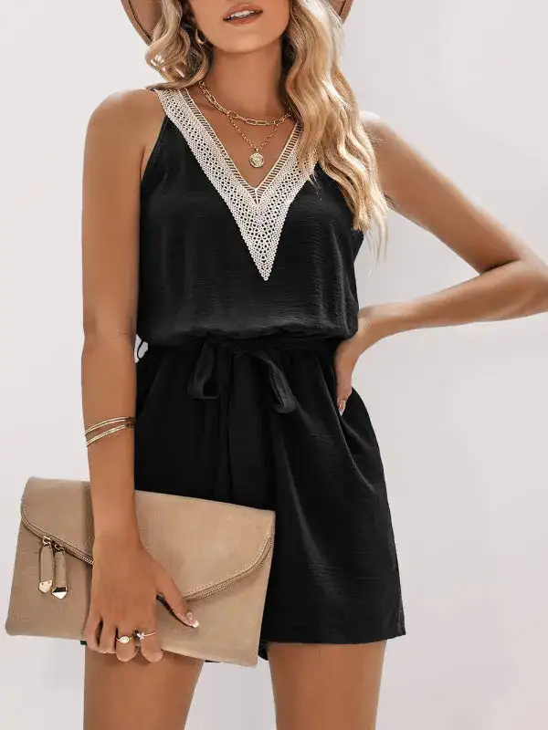 Lace V Neck Sleeveless Jumpsuit Belt