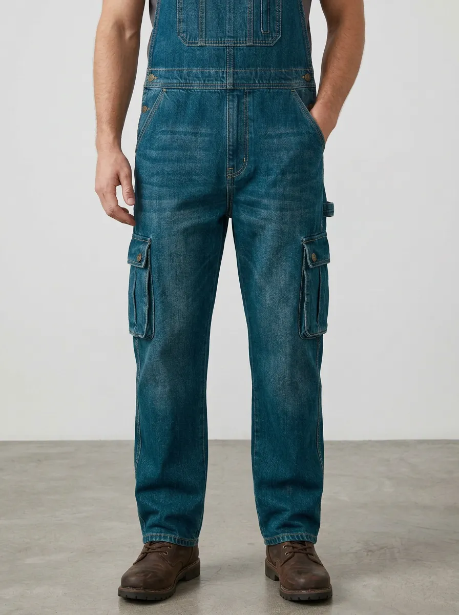 Men's Casual Workwear Denim Cargo Bib Overalls