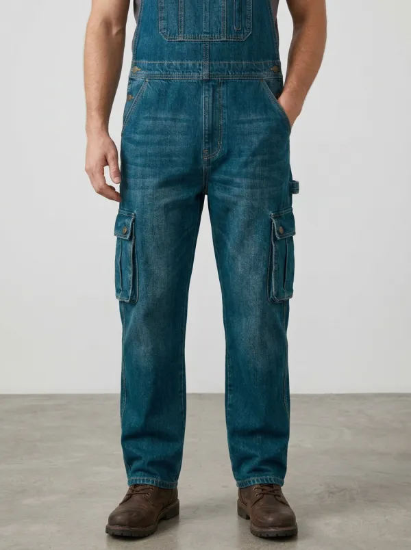 Men's Casual Workwear Denim Cargo Bib Overalls