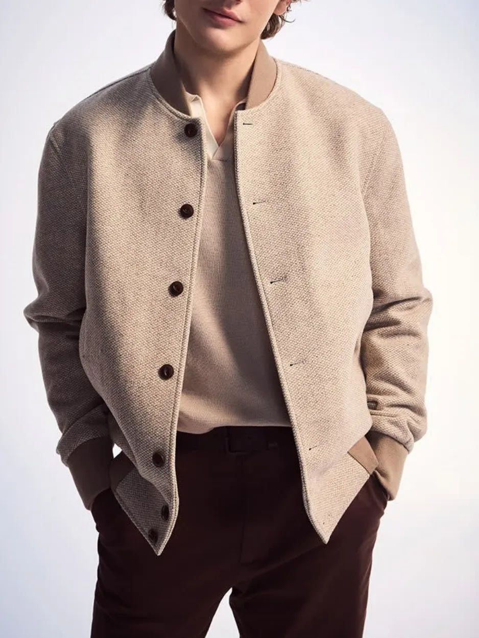 Beige Casual Style Long Sleeve Bomber Jacket