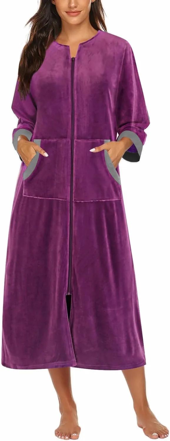 50% OFF Women Zipper Robe 3/4 Sleeves Loungewear Dress Full Length Sleepwear Pockets Housecoat Nightgown Long Bathrobe