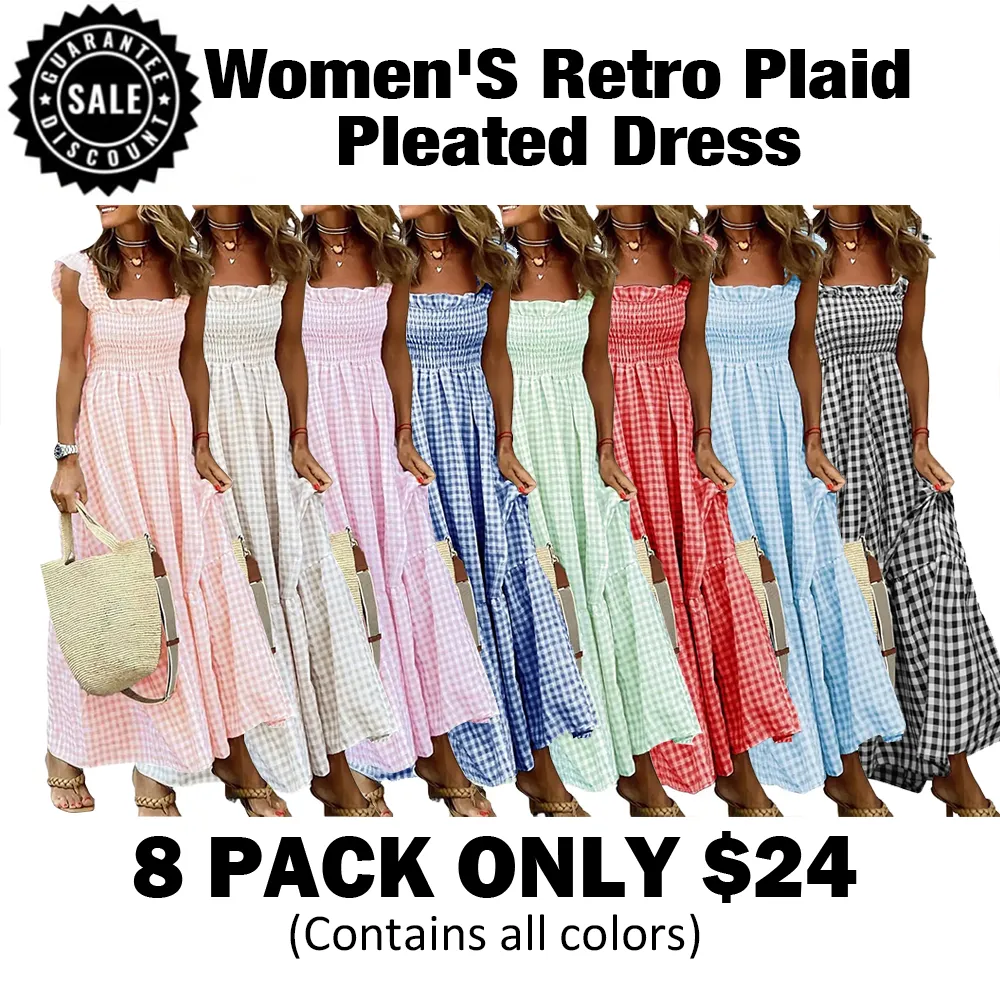 Women's Retro Plaid Pleated Dress🔥8-Pack - All Colors Included, Only $24