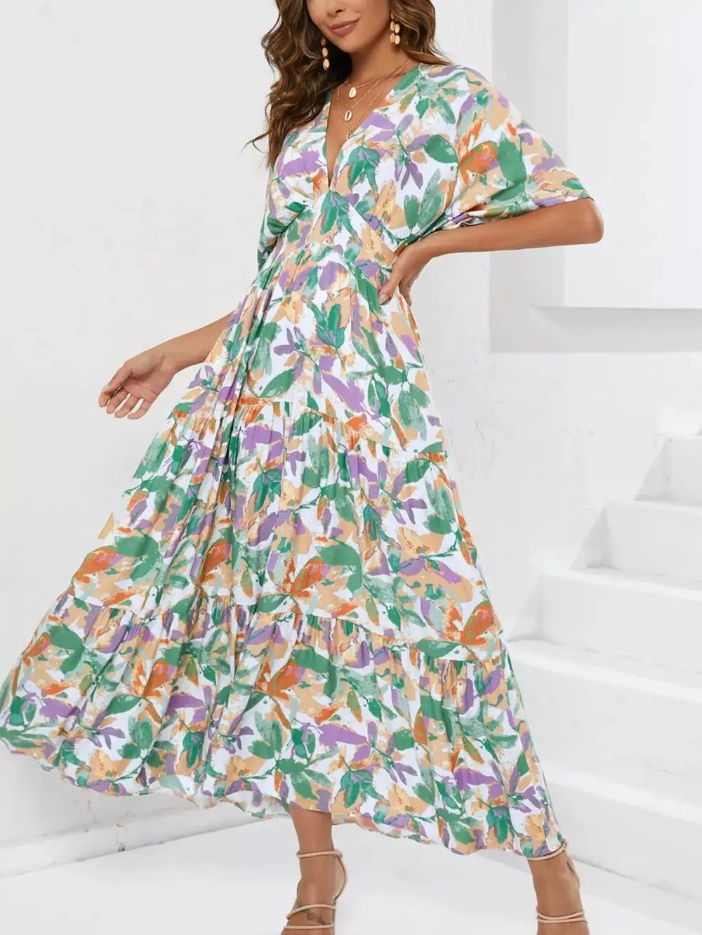 V-Neck Ruffle Hem Flowy Midi Dress