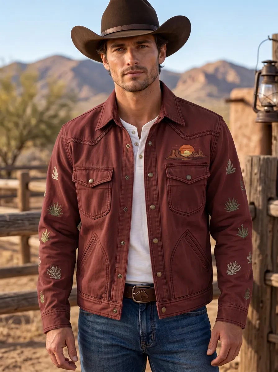 Men's Western Cowboy Cactus Desert Sunset Sun Jacket