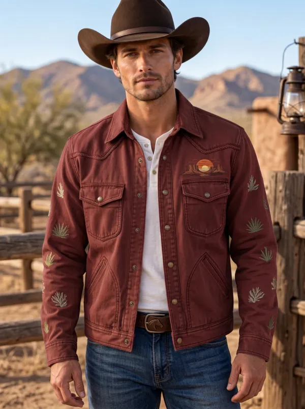 Men's Western Cowboy Cactus Desert Sunset Sun Jacket