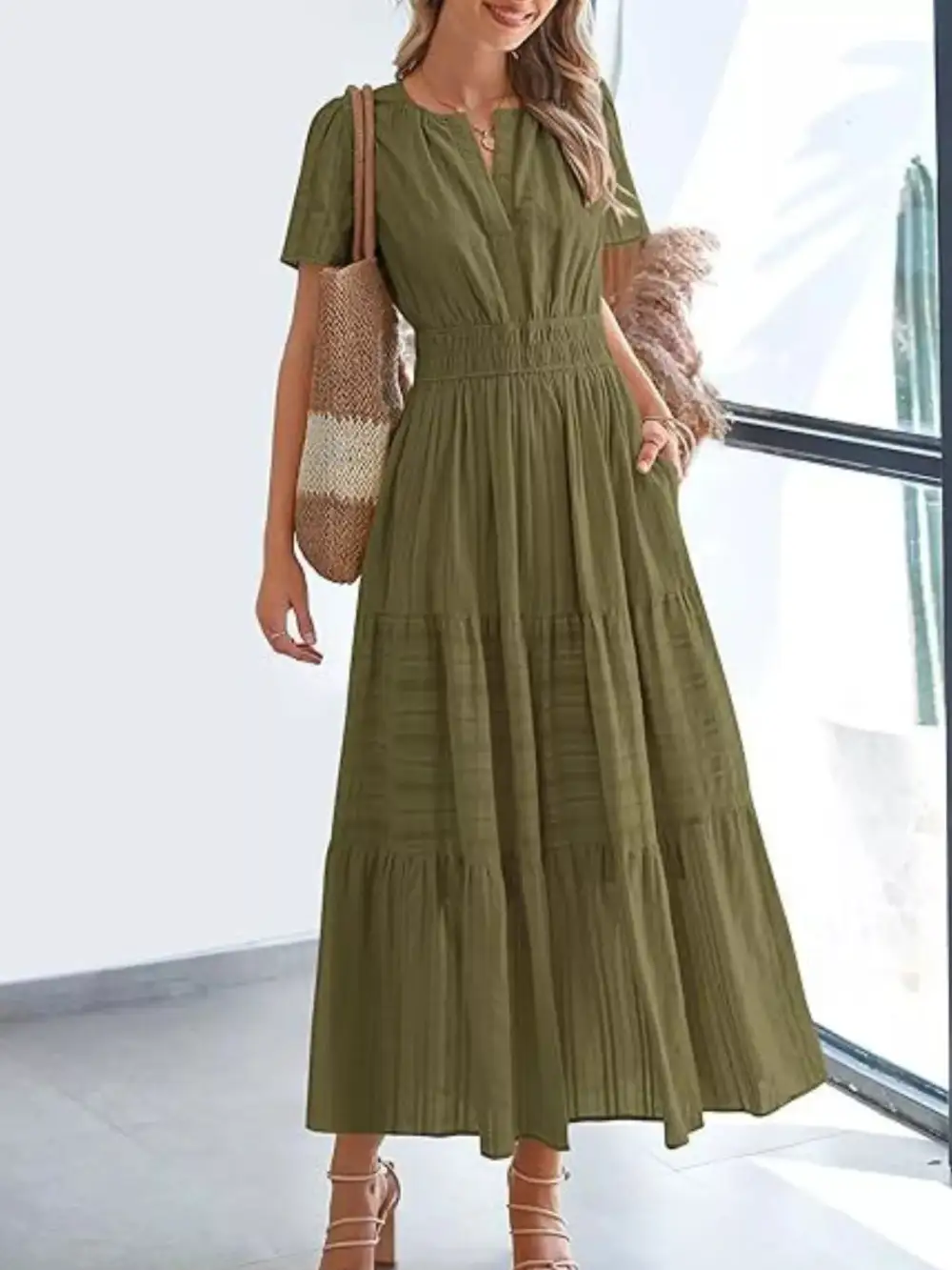 Full Size Short Sleeve Tiered Midi Dress Plus Size