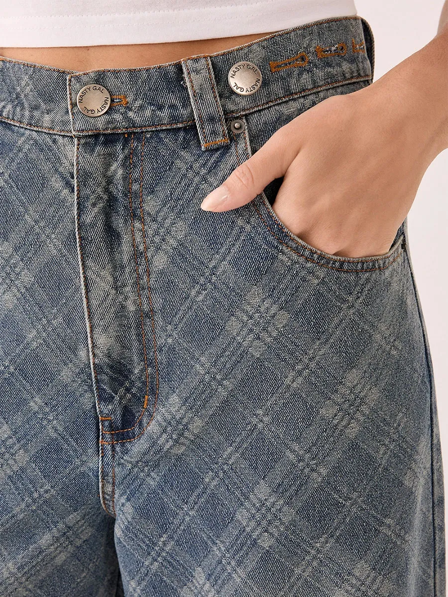 Women's Grey-Blue Plaid Wide-Leg Jeans