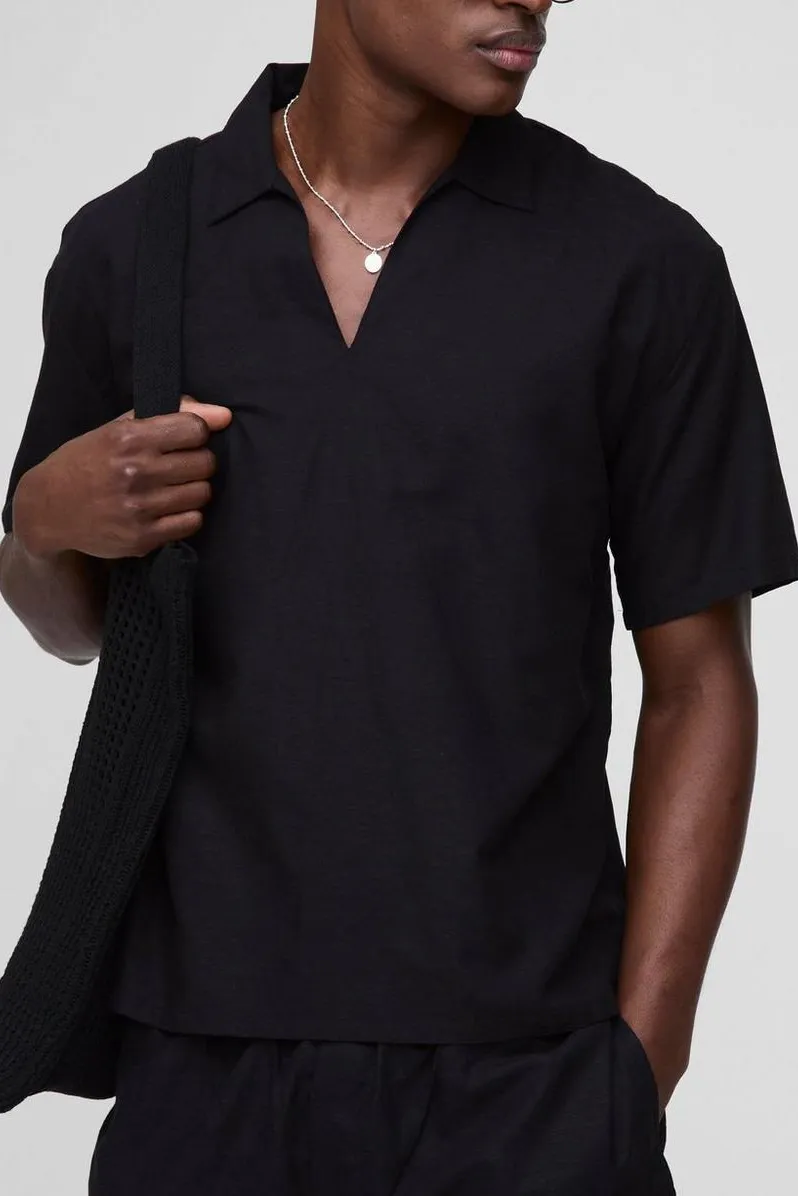 Oversized V-Neck Overhead Linen Blend Shirt Black Shirt