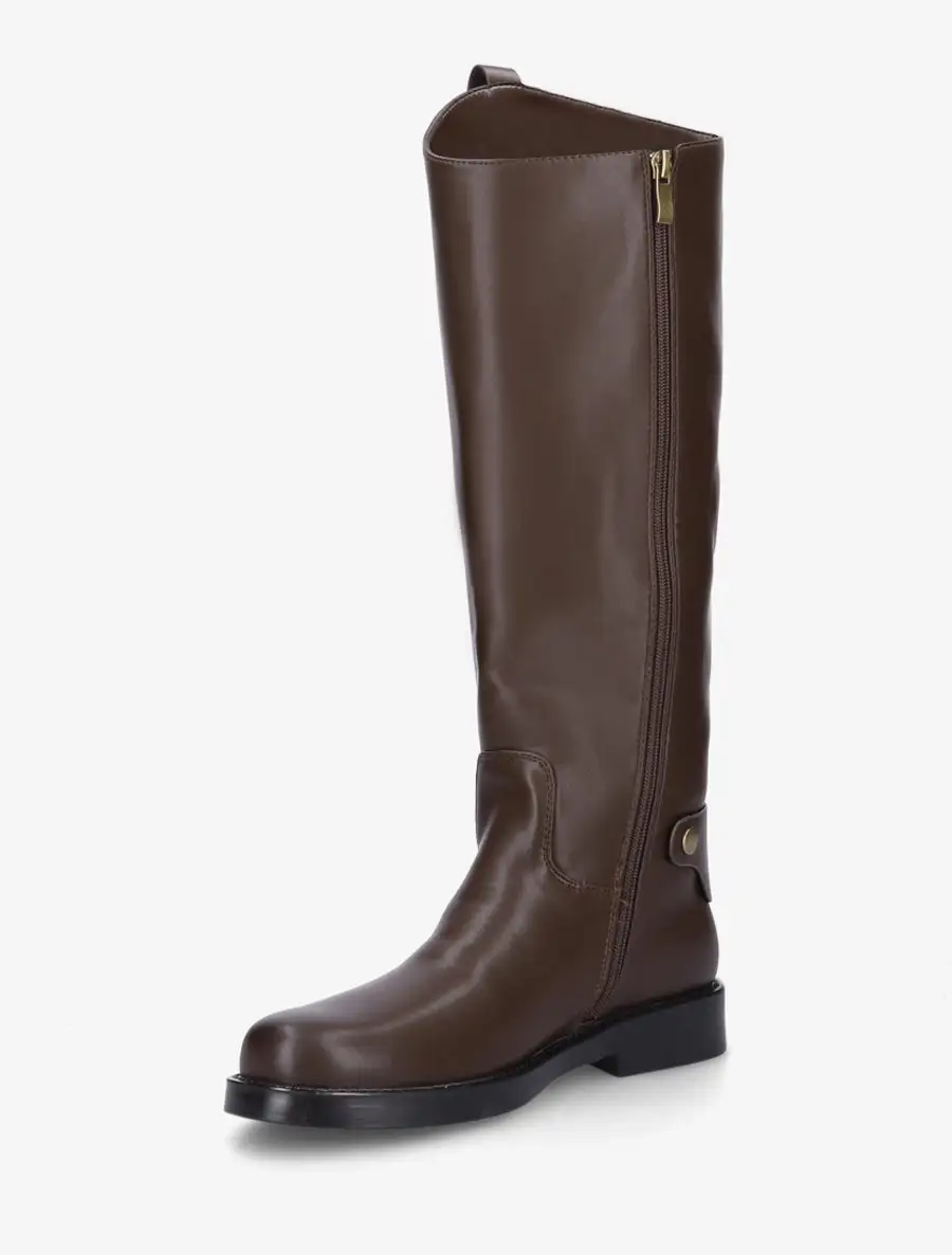 Classic Detailed Block Heel Faux Leather Knee High Boots