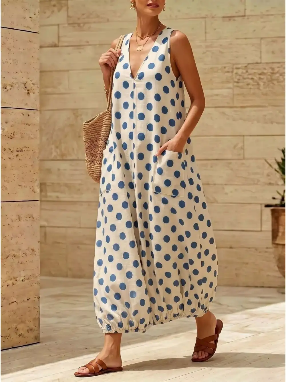 Polka Dot V-Neck Sleeveless Maxi Dress