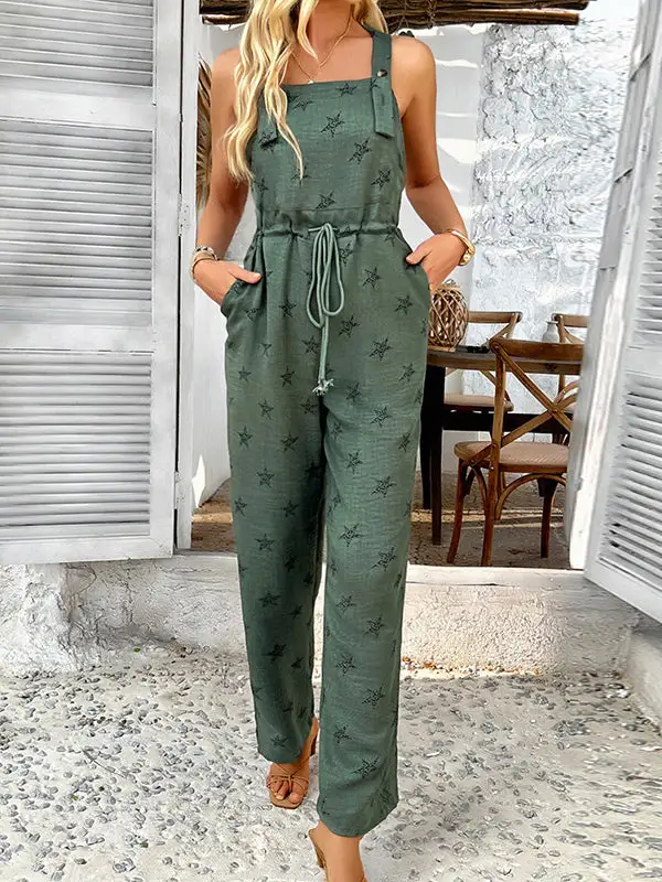 Mouwloze Jumpsuits Met Trekkoord Knoopsluiting En Bedrukte Spaghetti