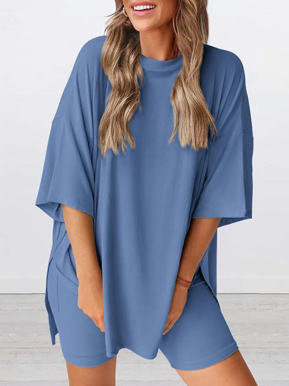 Women'S Summer Two-Piece Set 2025 Casual Oversized Shirts Biker Shorts Matching Airport Travel Outfit Split Hem Lounge