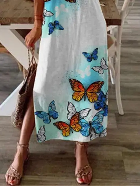 Butterfly Print Crew Neck Holiday Slit Dress