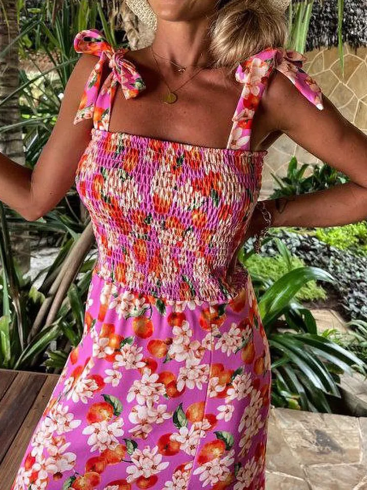 Resort Printed Sling Sleeveless Slit Maxi Dress
