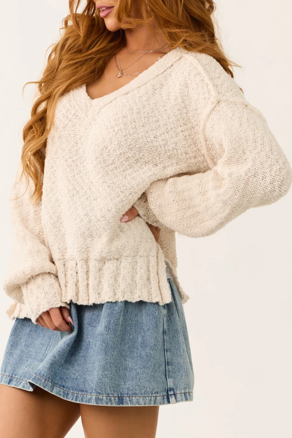 Cream Long Balloon Sleeve Knit Sweater