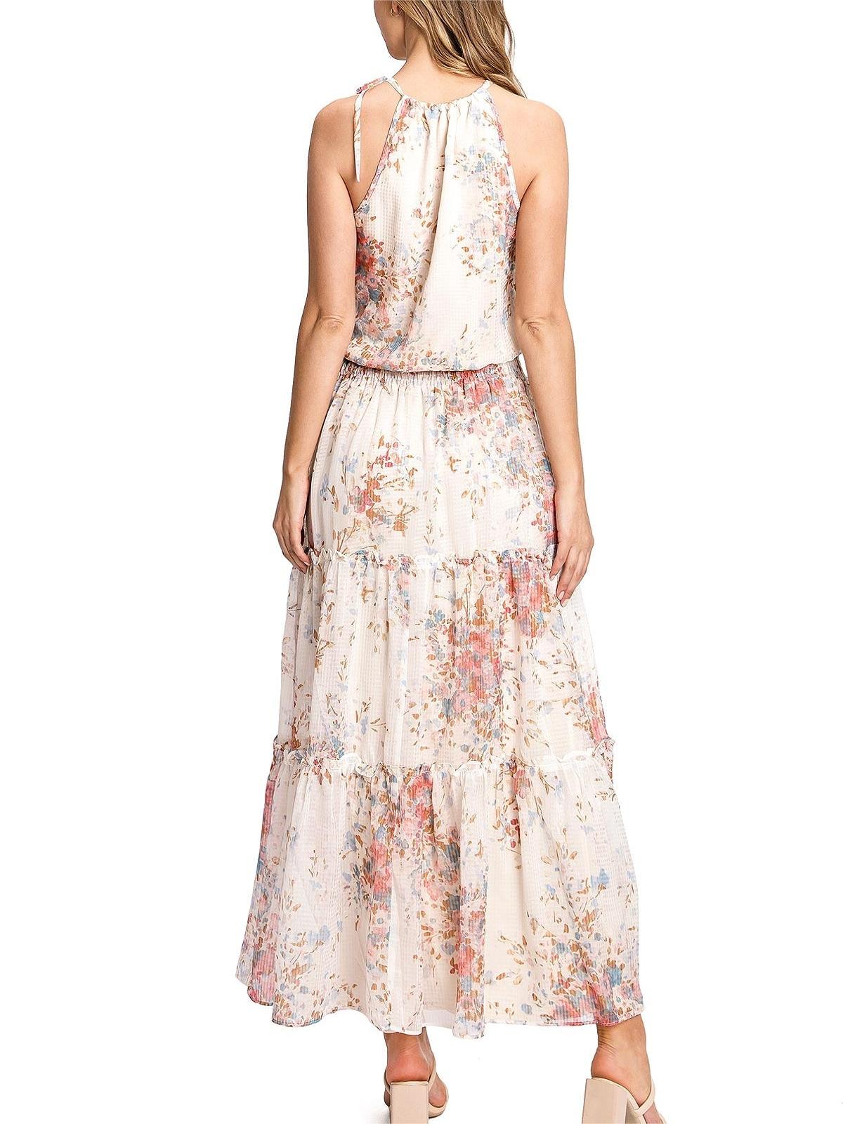 White Floral Print Halter Maxi Dress