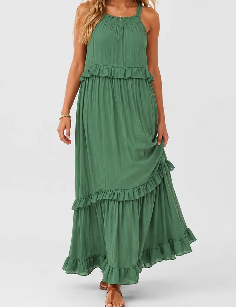 Boho Ruffle Tiered Hem Sleeveless Solid Color Maxi Dress