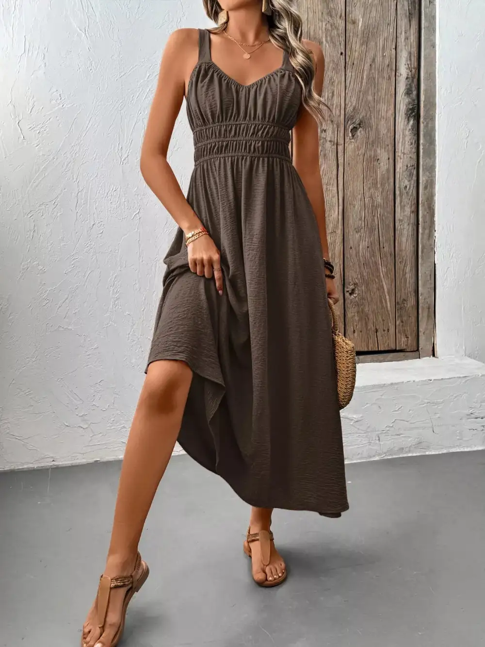 Smocked Sleeveless Midi Dress