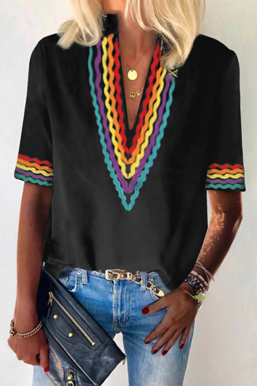 Ethnic Colorblock Short Sleeves Top