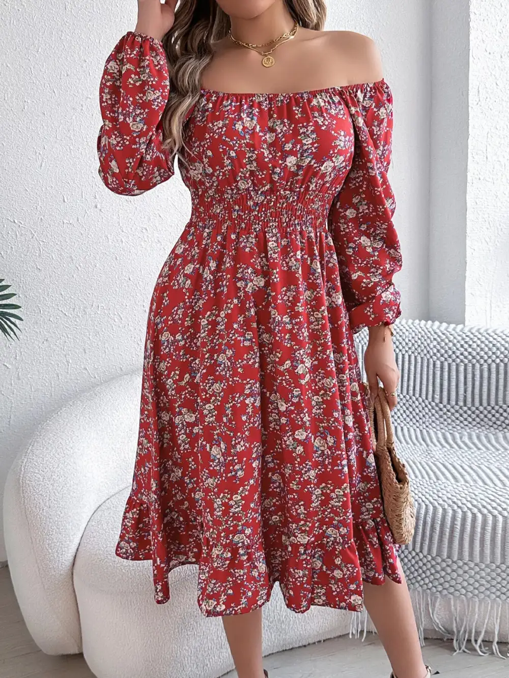 Floral Printed Square Neck Midi Dress
