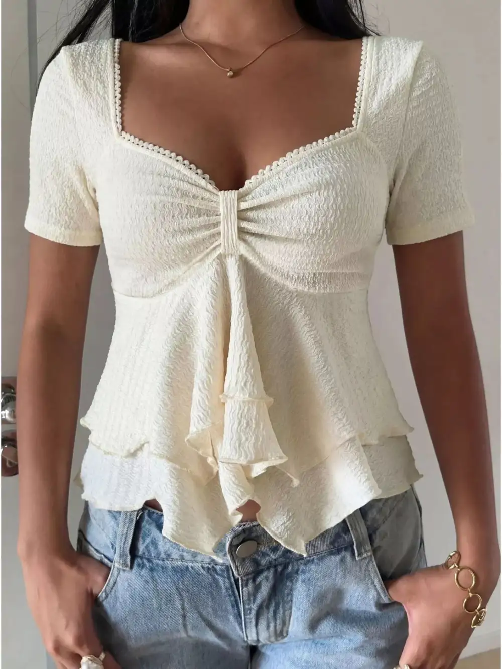 Sweetheart Neck Layered Ruffle Ruched Short Sleeve Top