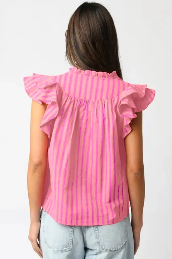 Striped Neck Ruffled Blouse