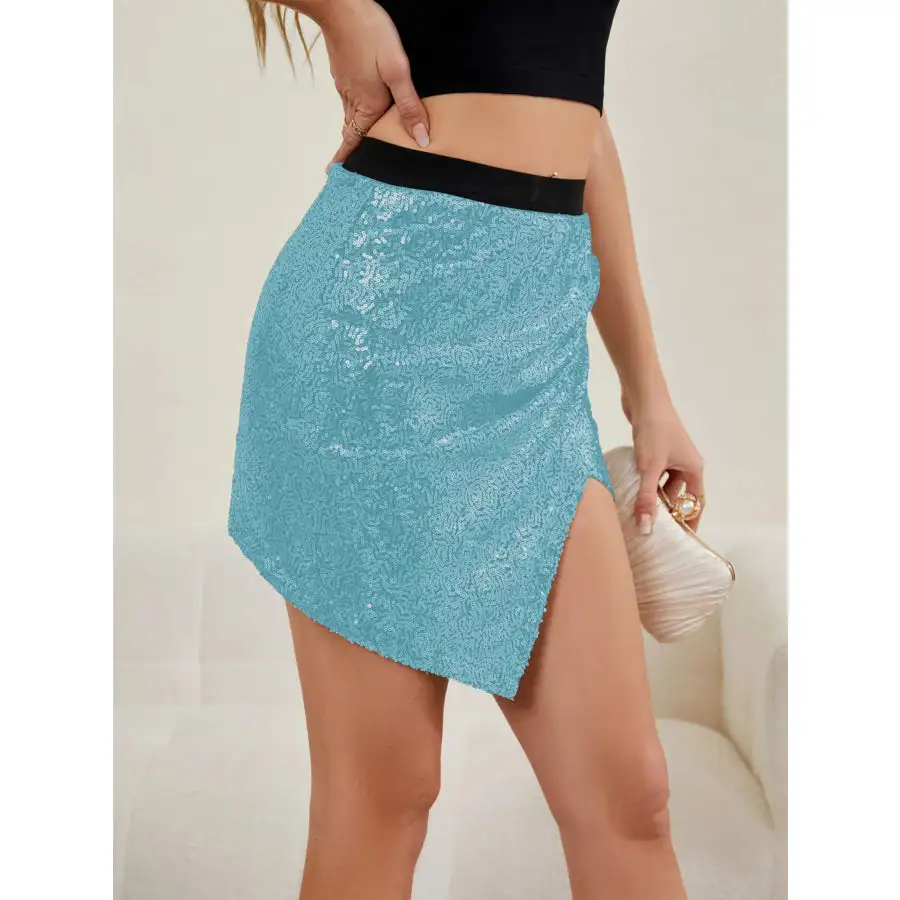 Asymmetrical Slit Sequin Skirt