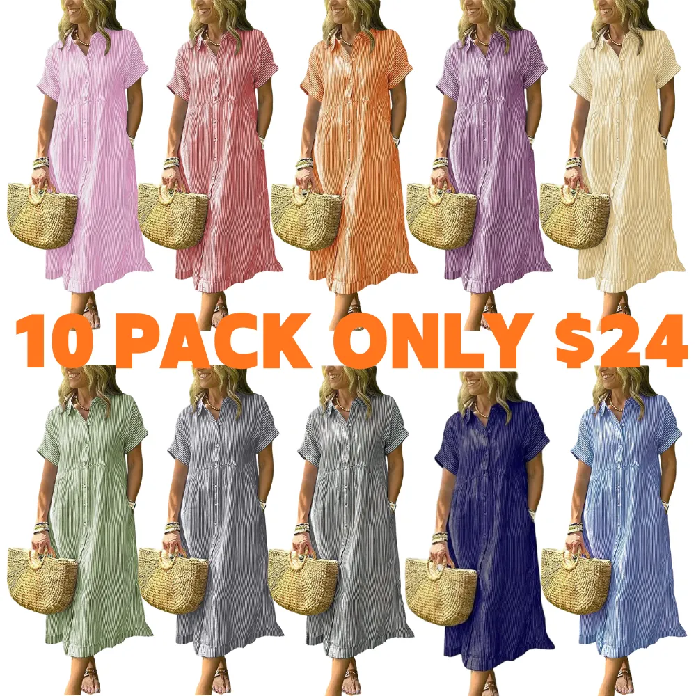 Women‘s Boho Striped Shirt Dress Button Down Loose Midi Dress with Pockets and Side Slit