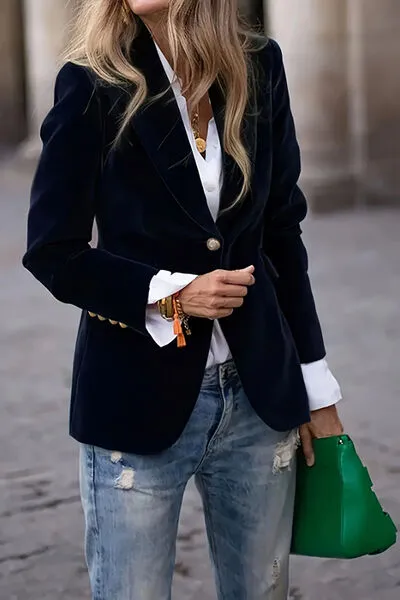 Single-Button Lapel-Collar Long-Sleeve Blazer
