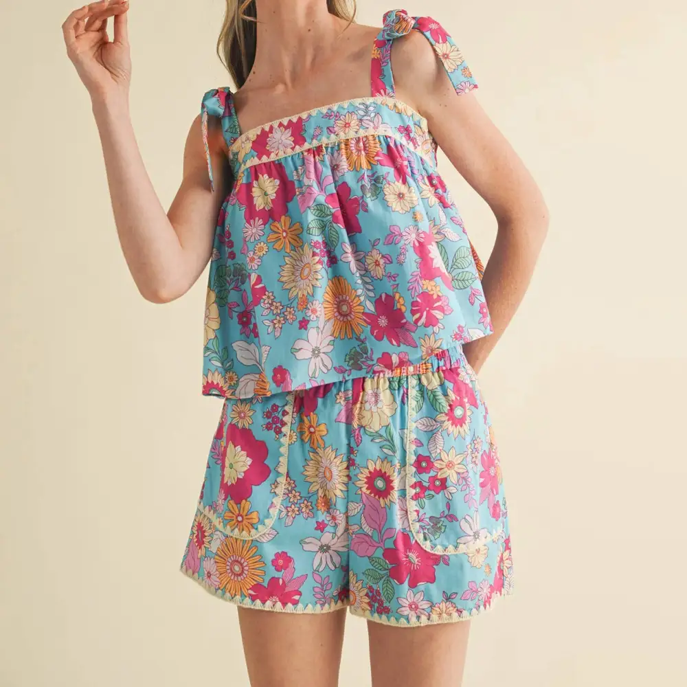 Floral Print Sleeveless Tie Up Tops with Shorts Lounge Set