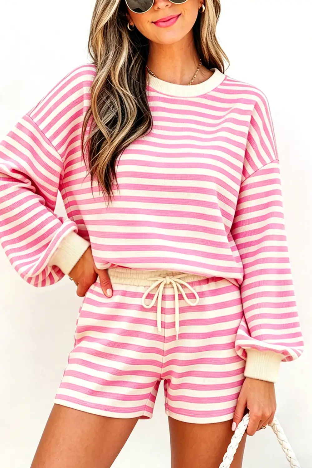 Drawstring Elastic-Waist Ribbed Striped Two-Piece Top and Shorts Set
